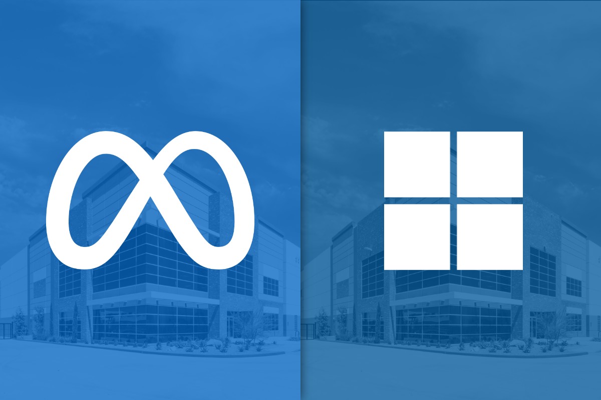 The Meta and Microsoft logos side by side over an office building.
