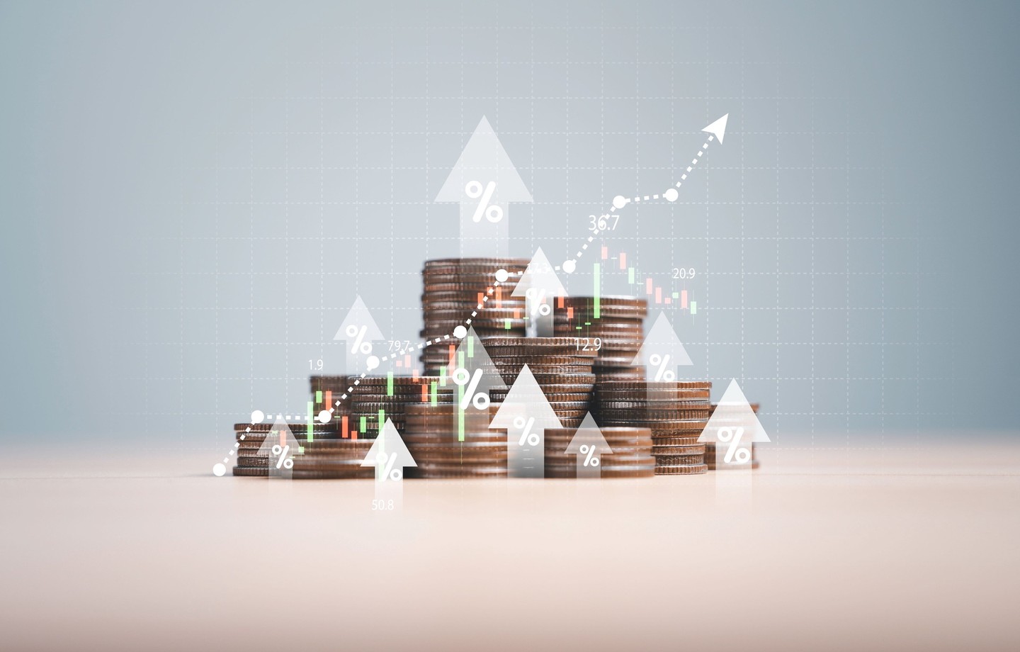 Stacks of coins with rising arrows, percentages and stock chart symbols representing financial growth