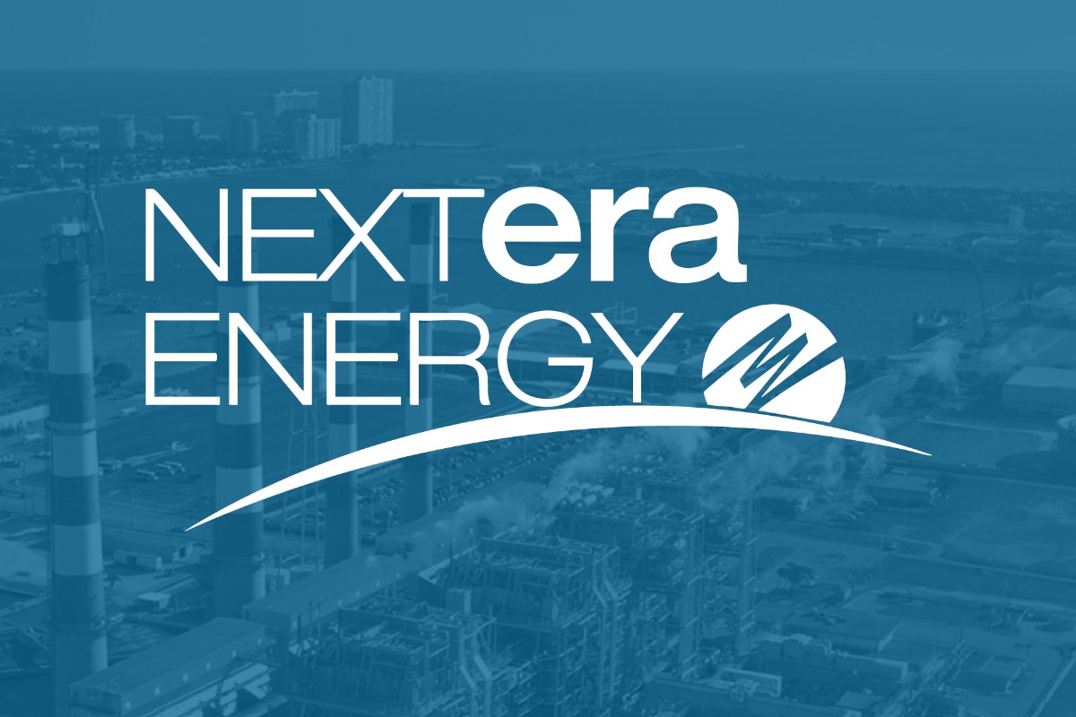 NextEra Energy logo overlaid on an industrial power plant by the waterfront