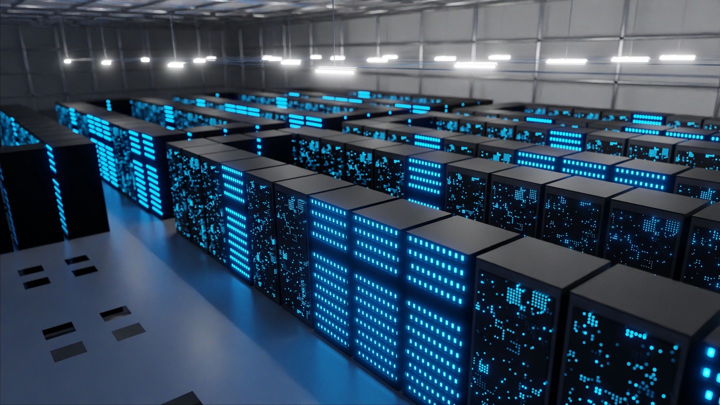 Rows of server racks with glowing blue lights in a modern data center