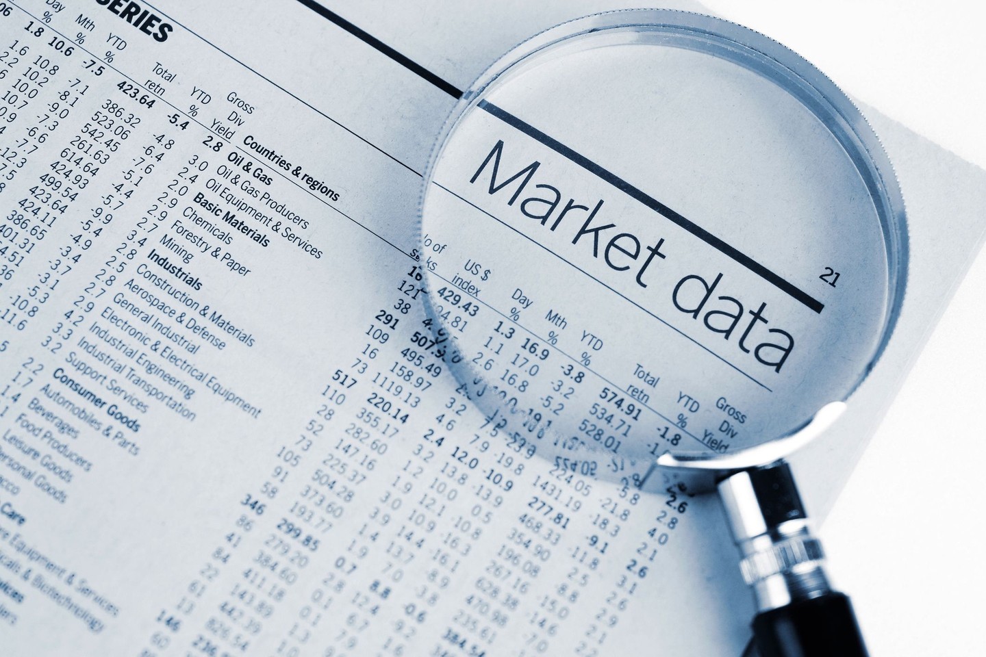 A magnifying glass is laid atop a financial newspaper, enlarging a subhead that reads, 