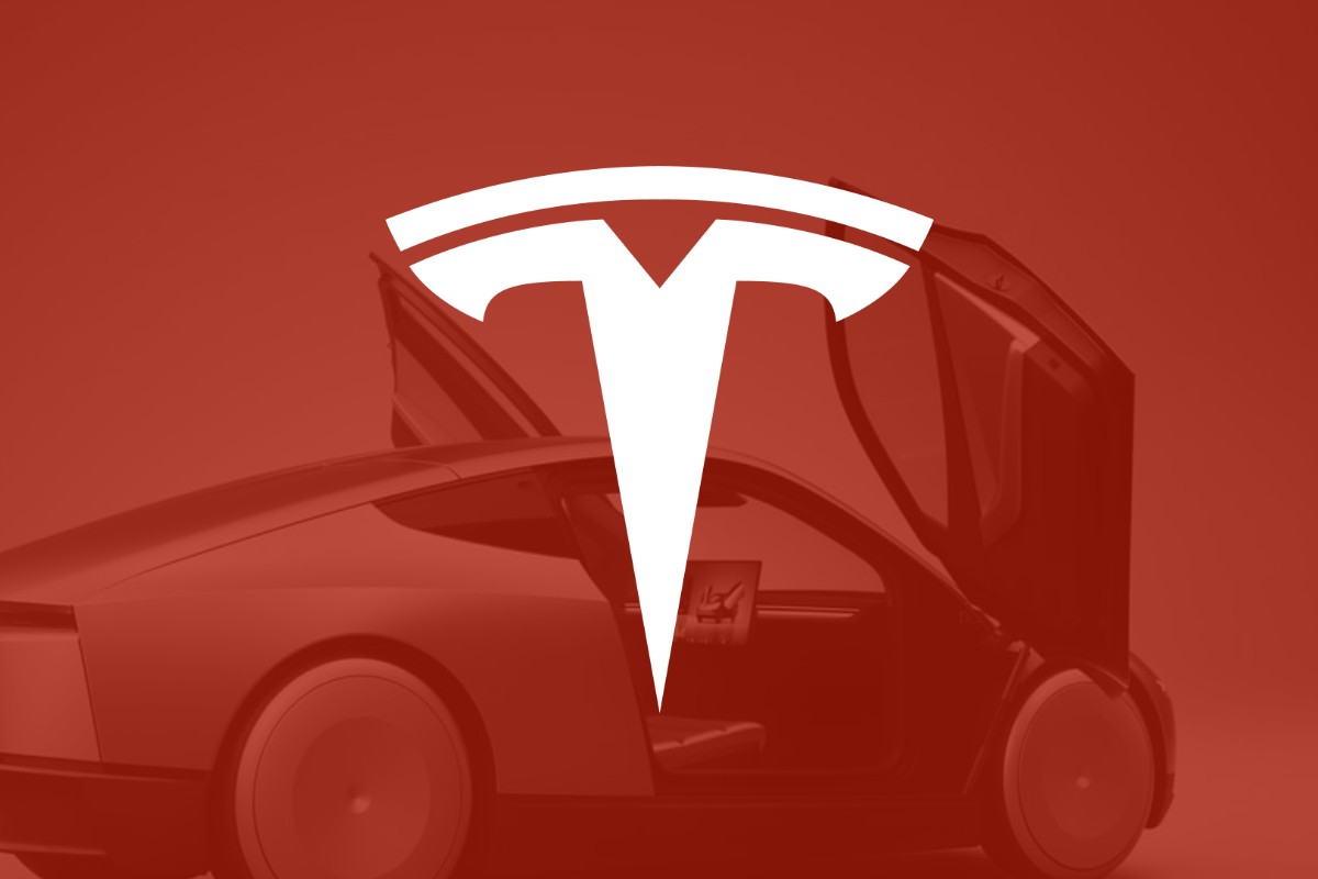 Tesla's logo over a red-tinted image of a Cybercab with its butterfly doors open.