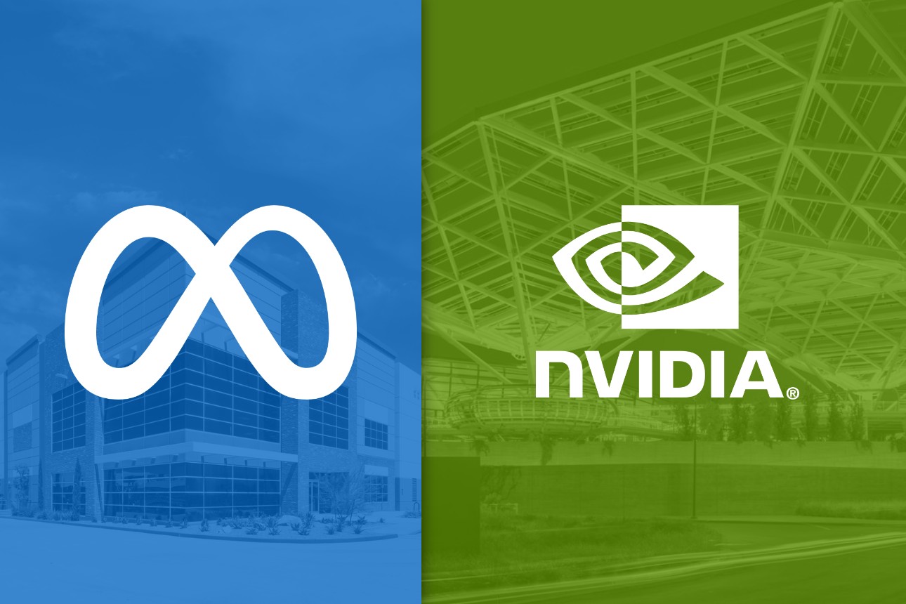 Meta and NVIDIA logos over blue and green views of their corporate campuses