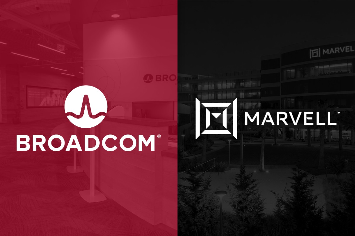 Broadcom and Marvell logos overlaid on their corporate office settings