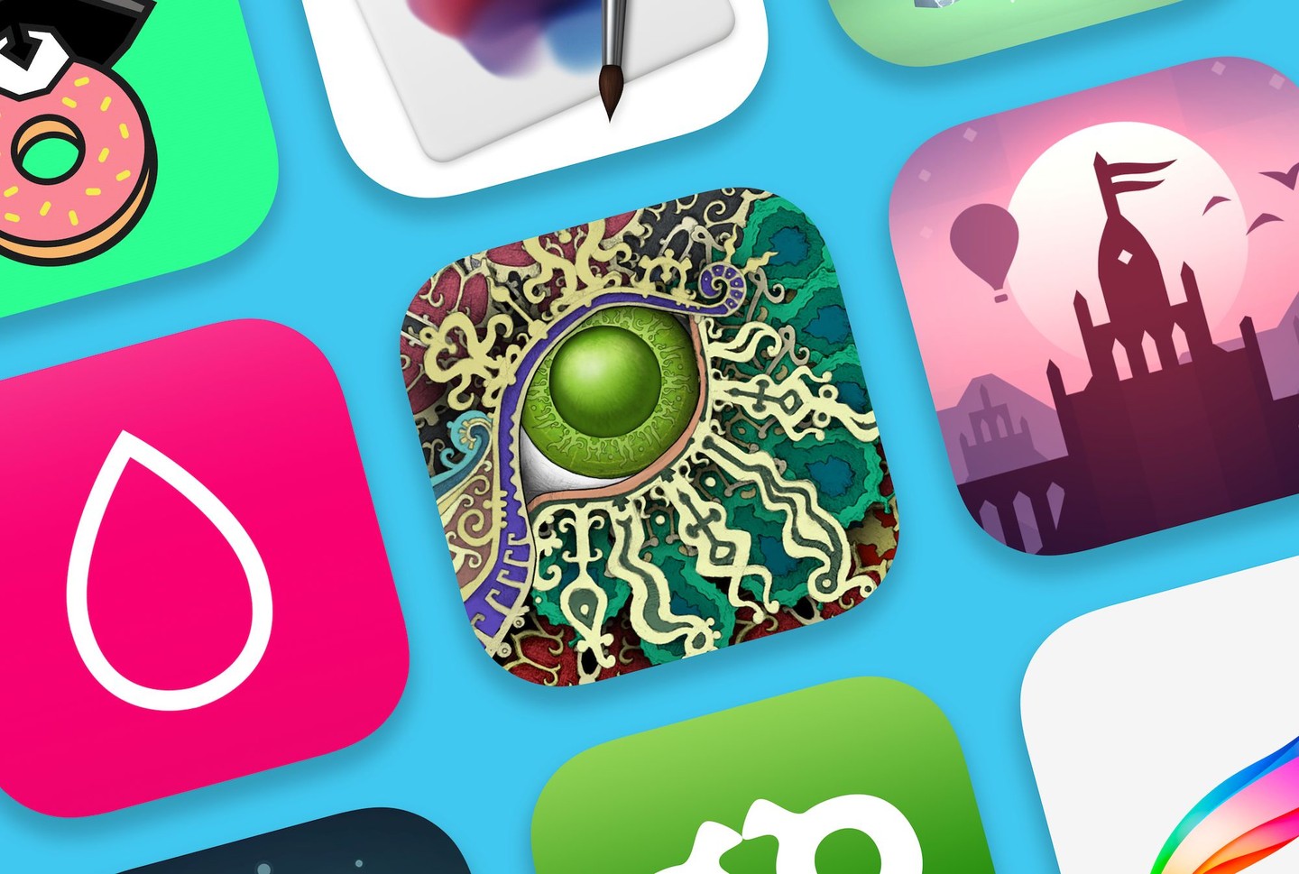 Colorful mobile app icons featuring an ornate green eye and fantasy castle on a blue background