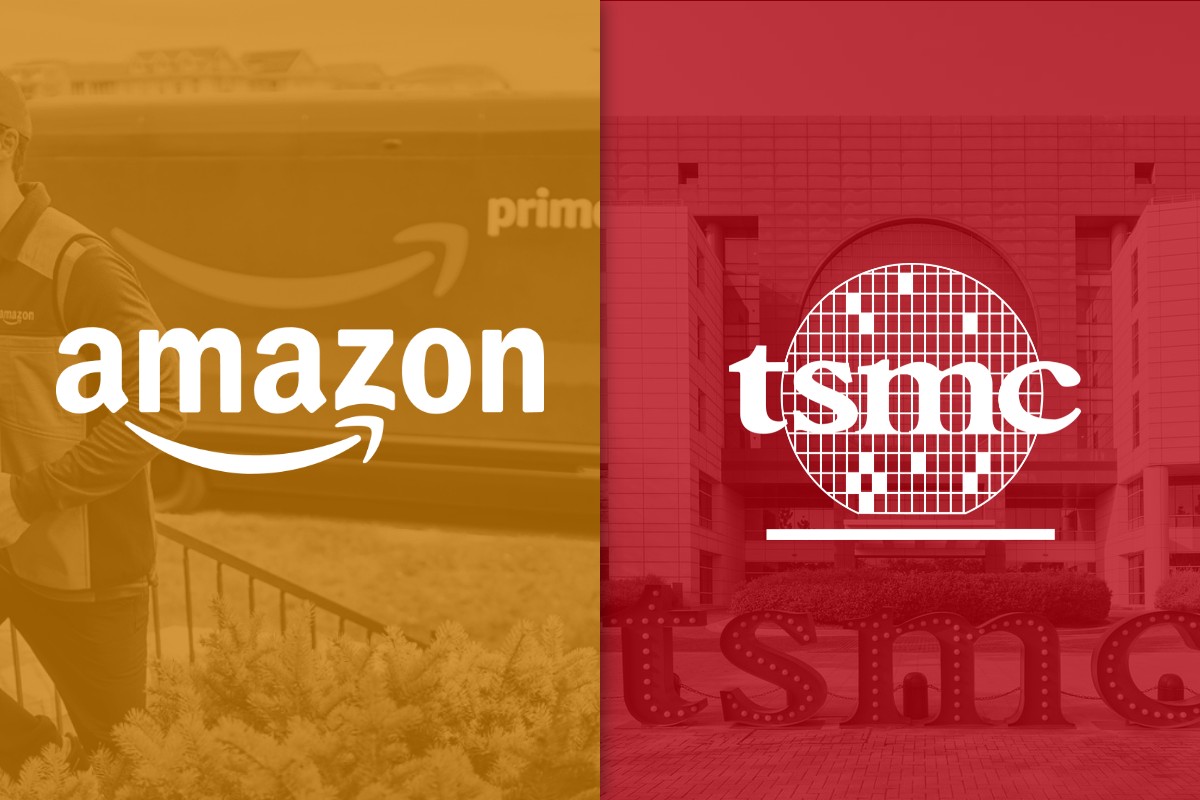 A split image pairs an Amazon delivery van with the TSMC headquarters, each under its company logo.