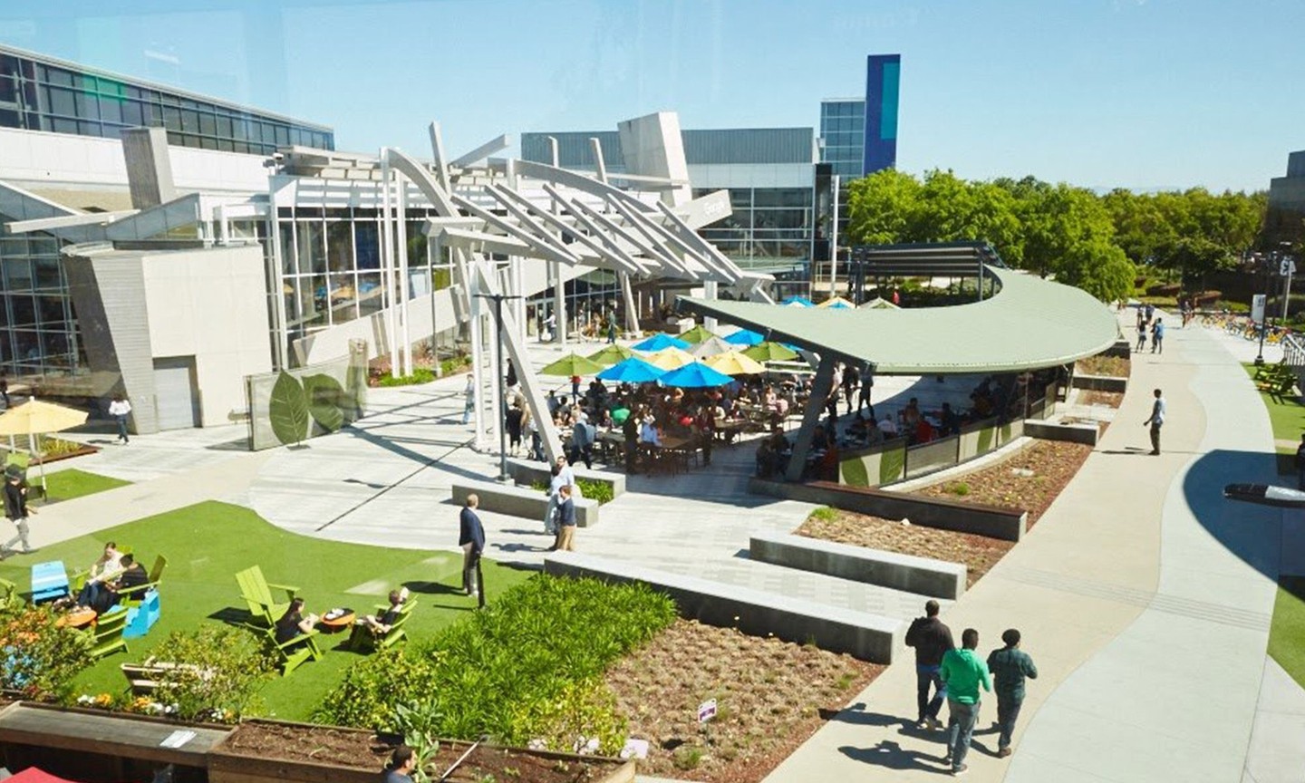 A wide view of a Google campus courtyard.