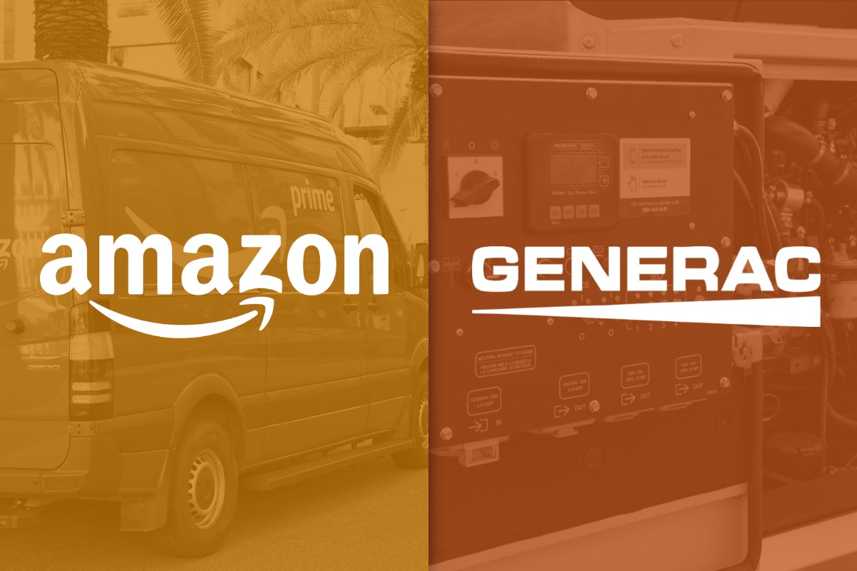 Amazon Prime delivery van beside a Generac generator control panel, with both brand logos overlaid