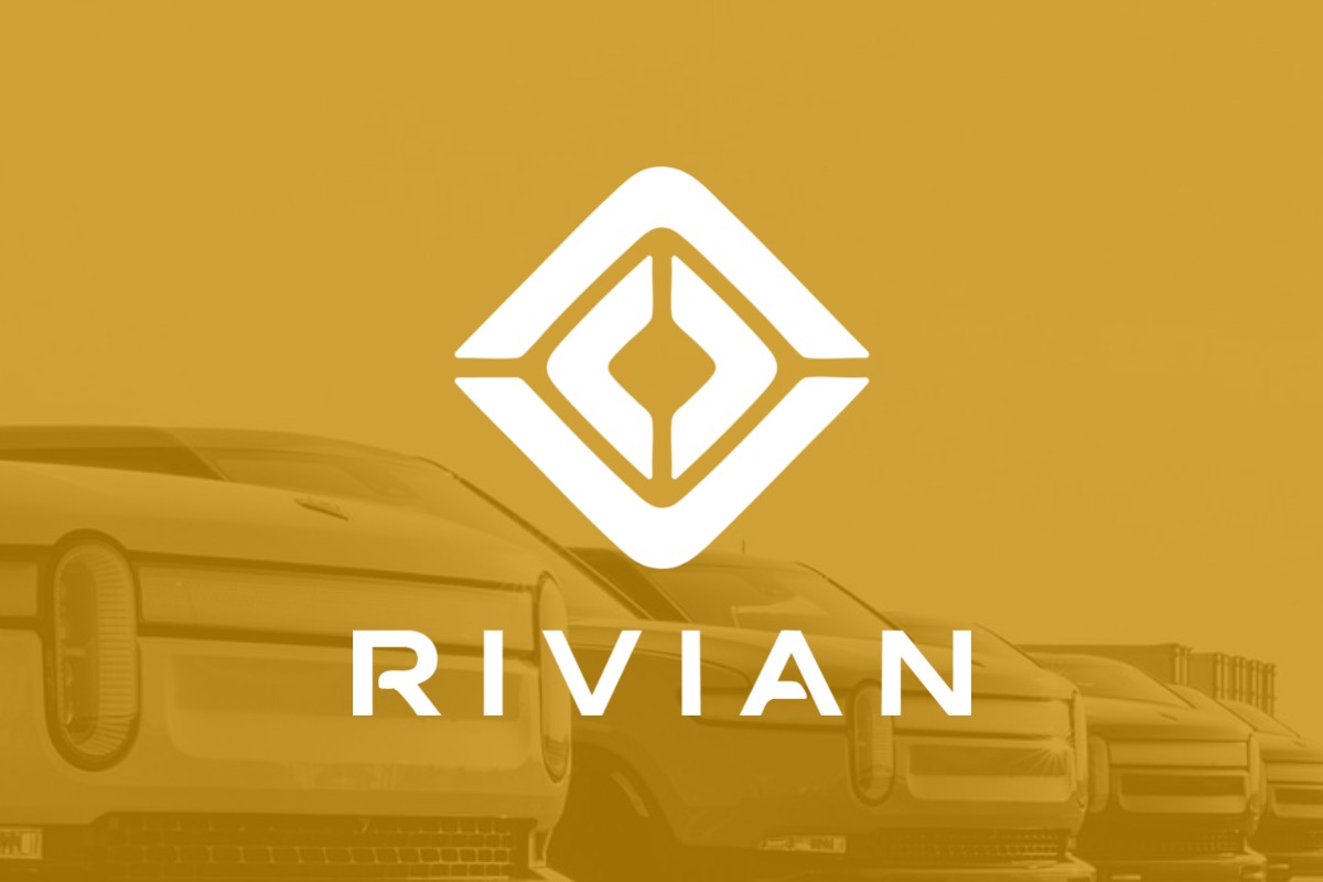 The Rivian company logo against a transparent yellow background featuring Rivian vehicles. 