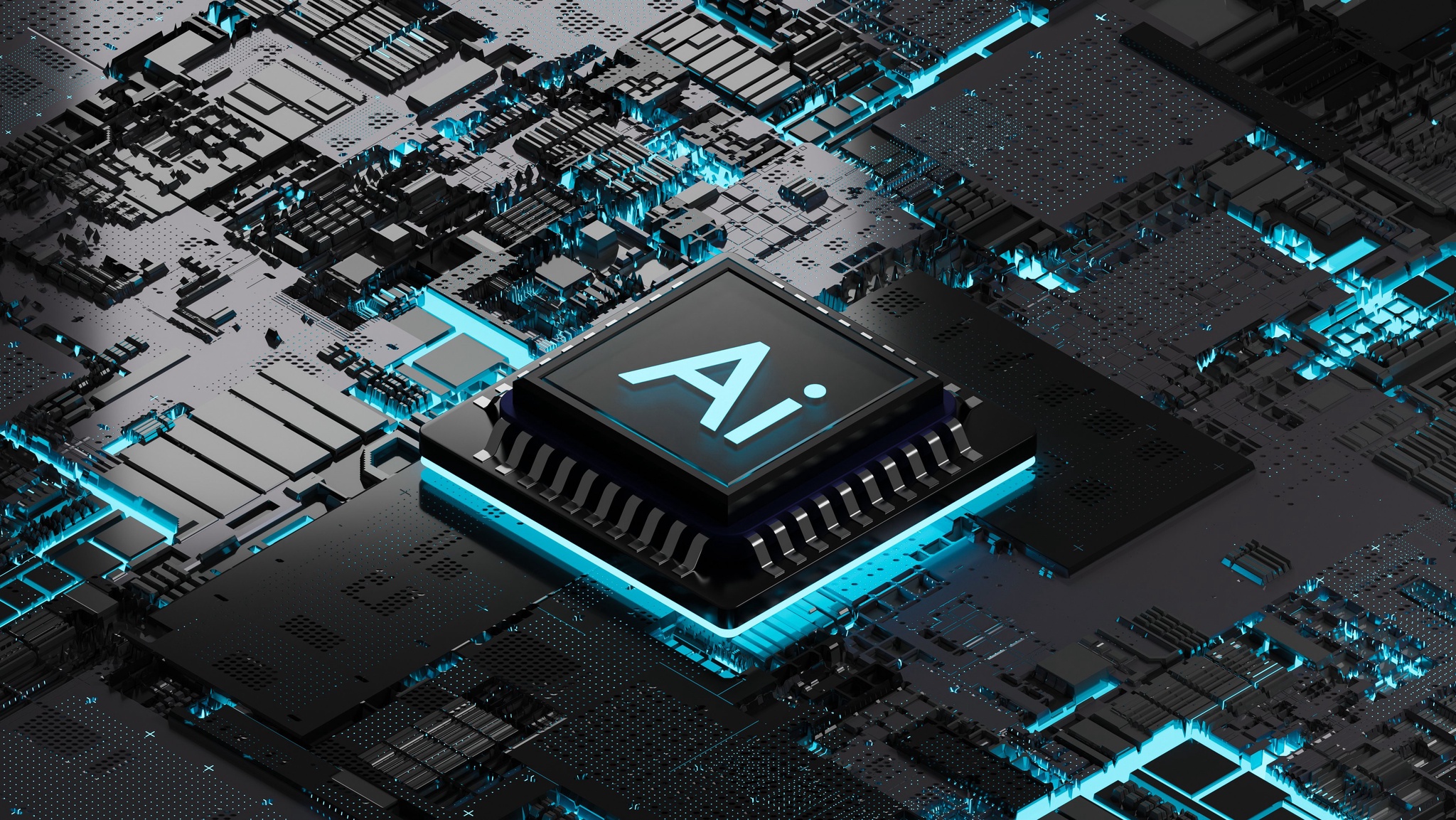 Artist rendering of chip on circuit board, labeled AI.