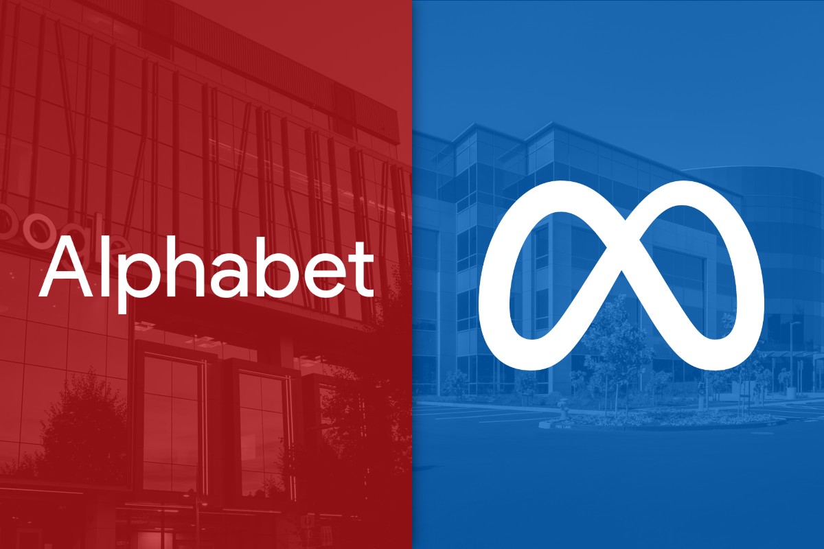 Alphabet's logo on a red background, Meta's logo on a block background with office buildings in the background.