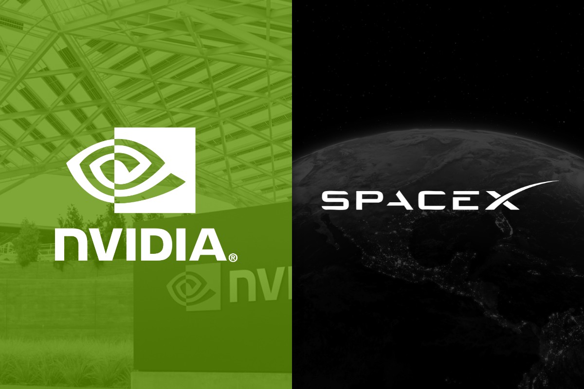 The Nvidia logo on green beside the SpaceX logo on black.