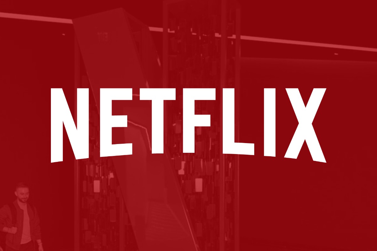 The Netflix logo over a red-tinted background photo. 