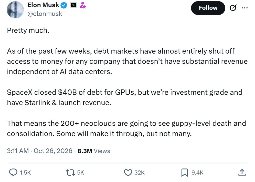 Musk Says SpaceX Reaches $40 Billion Debt Financing Deal as AI Industry Debt Financing Gets Harder